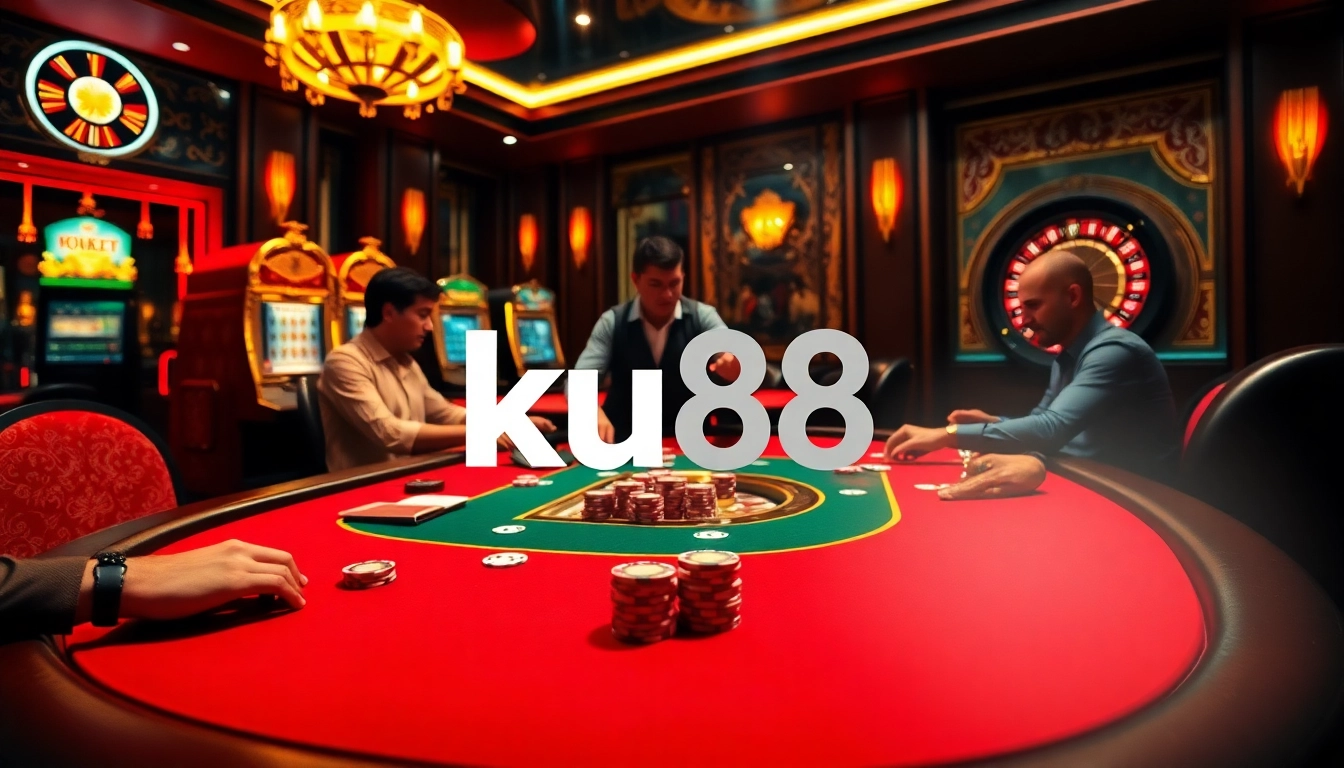 Players enjoying an exciting game at ku88 casino with colorful poker chips and cards.