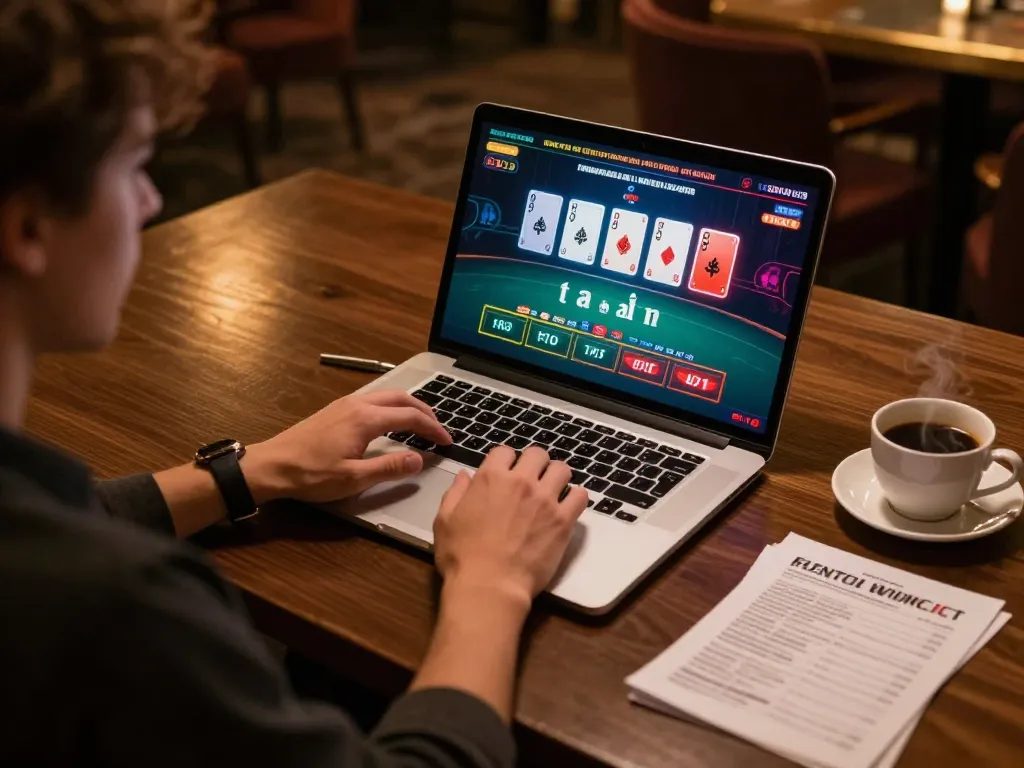 Person playing XX88 blackjack online, showcasing vibrant gaming interface and cozy atmosphere