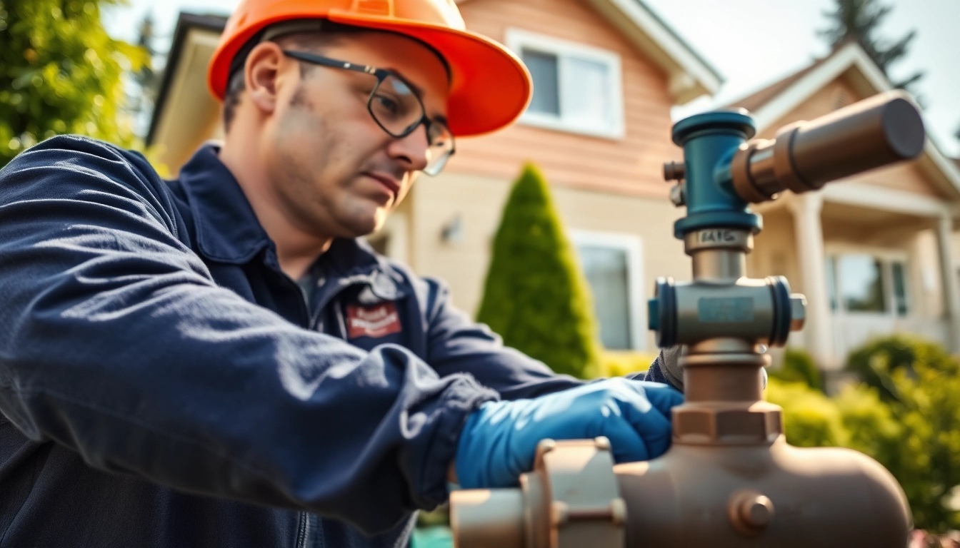 A skilled gas fitter north shore repairing pipelines with precision in a bright outdoor setting.