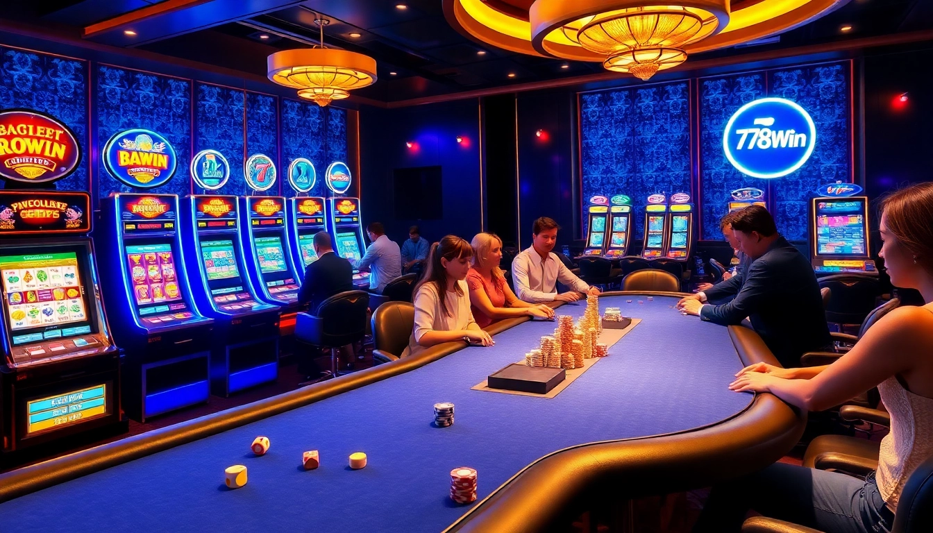 Exciting gameplay at 78Win, featuring vibrant slot machines and poker tables.