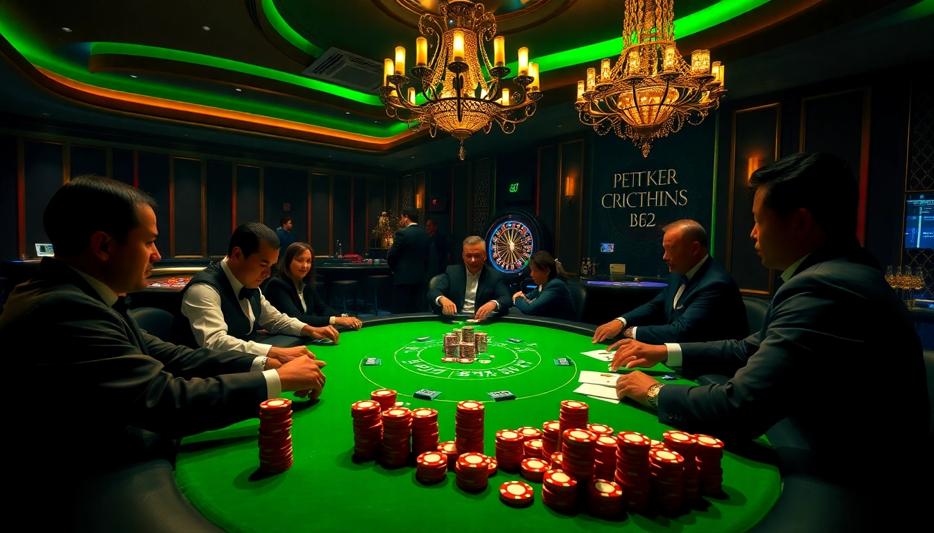 Poker players engaged in a tense game at B52 Casino, surrounded by colorful chips and luxurious decor.