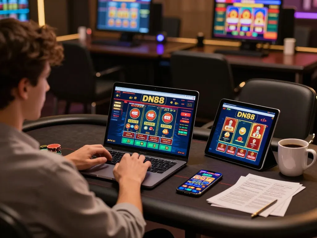 Player engaging with DN88 online casino on multiple devices, showcasing immersive gambling experience.