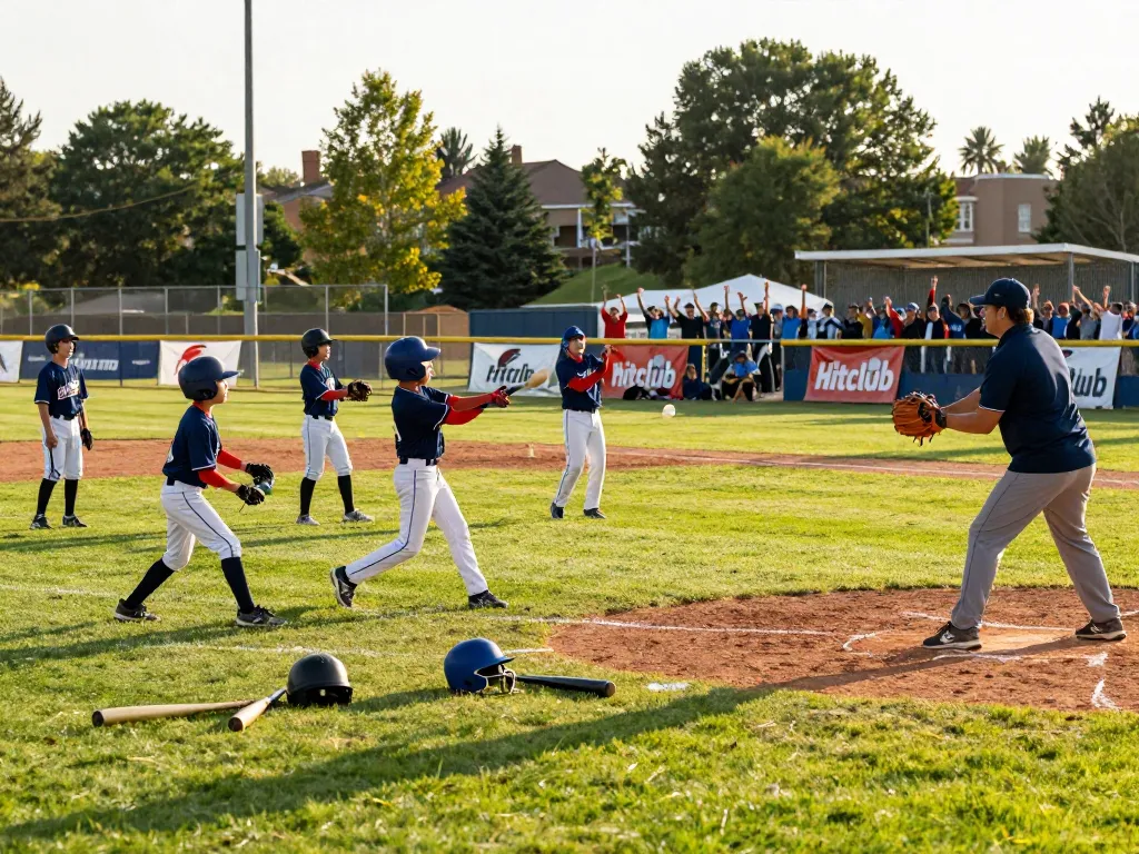 Hitclub baseball training scene with young athletes practicing in a vibrant outdoor setting