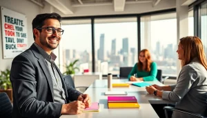 Engaging scene of a business coach near me helping clients in a bright office setting.