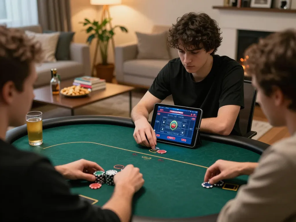 Player enjoying sunwin mobile poker game at home with tablet and snacks