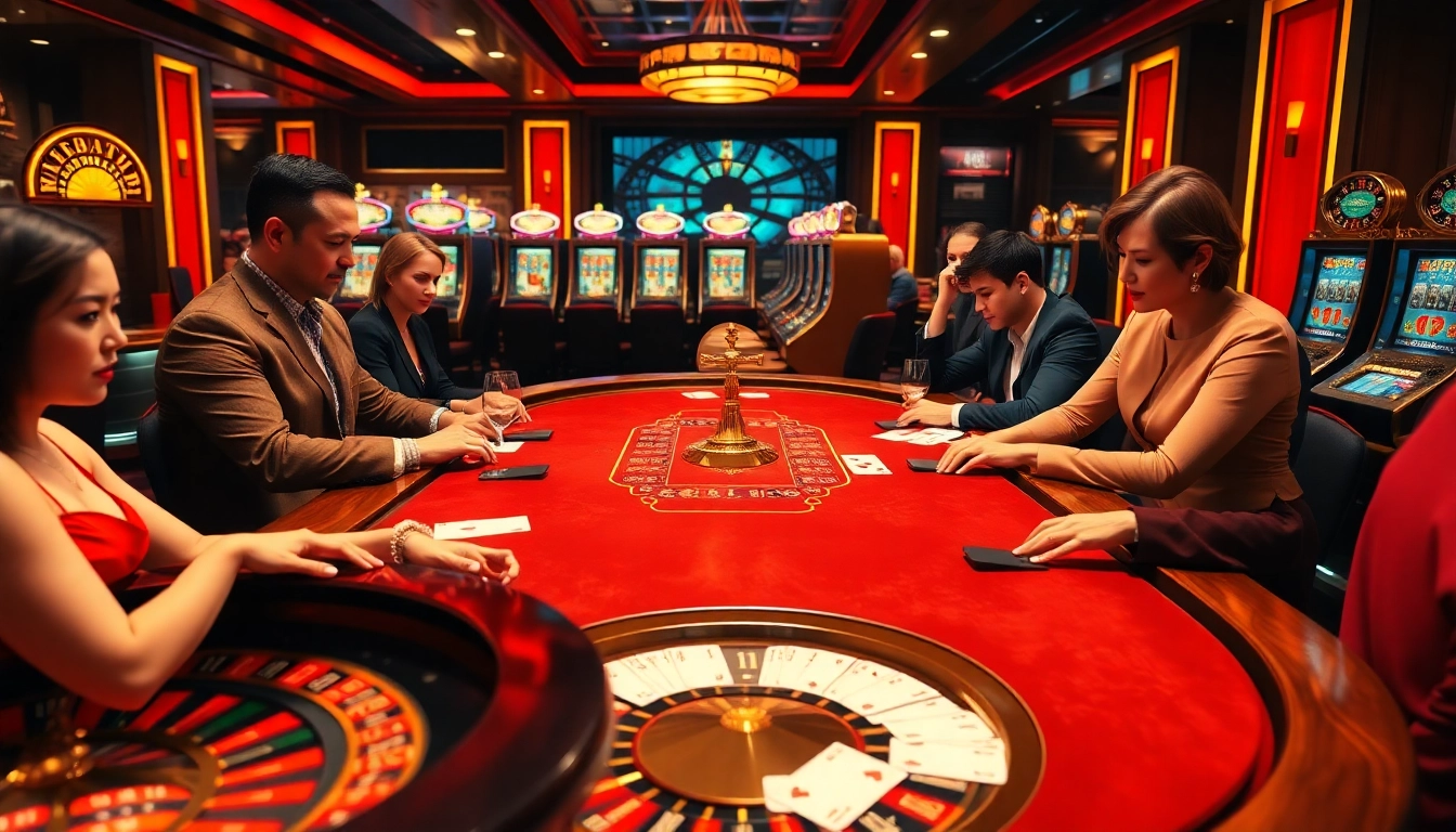 Engaging players at a high-stakes poker table showcasing keonhacai-themed betting slips and casino excitement.