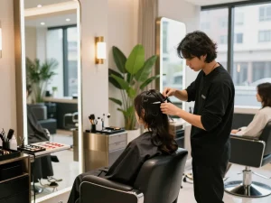 Best hair salon interior with stylist giving precision haircut in an elegant ambiance