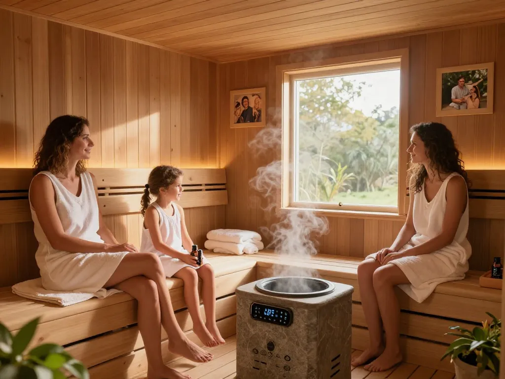 Sauna customization illustrating a family enjoying a warm wooden sauna experience with natural light.