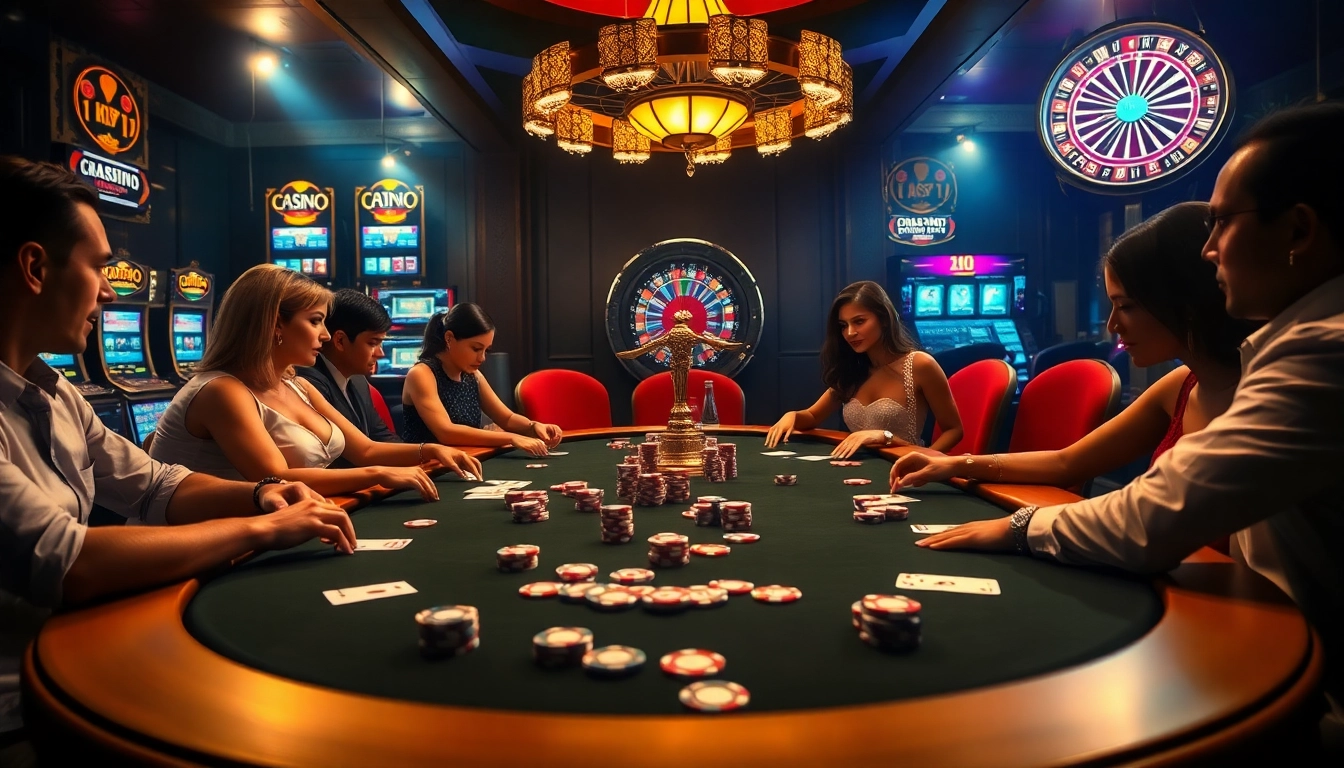 Experience the excitement of gambling at a luxurious poker table featuring players and betting chips on https://kjc.uk.com/.