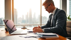 Consultant engaged in Registration and certification in Federal databases analysis in a modern office.