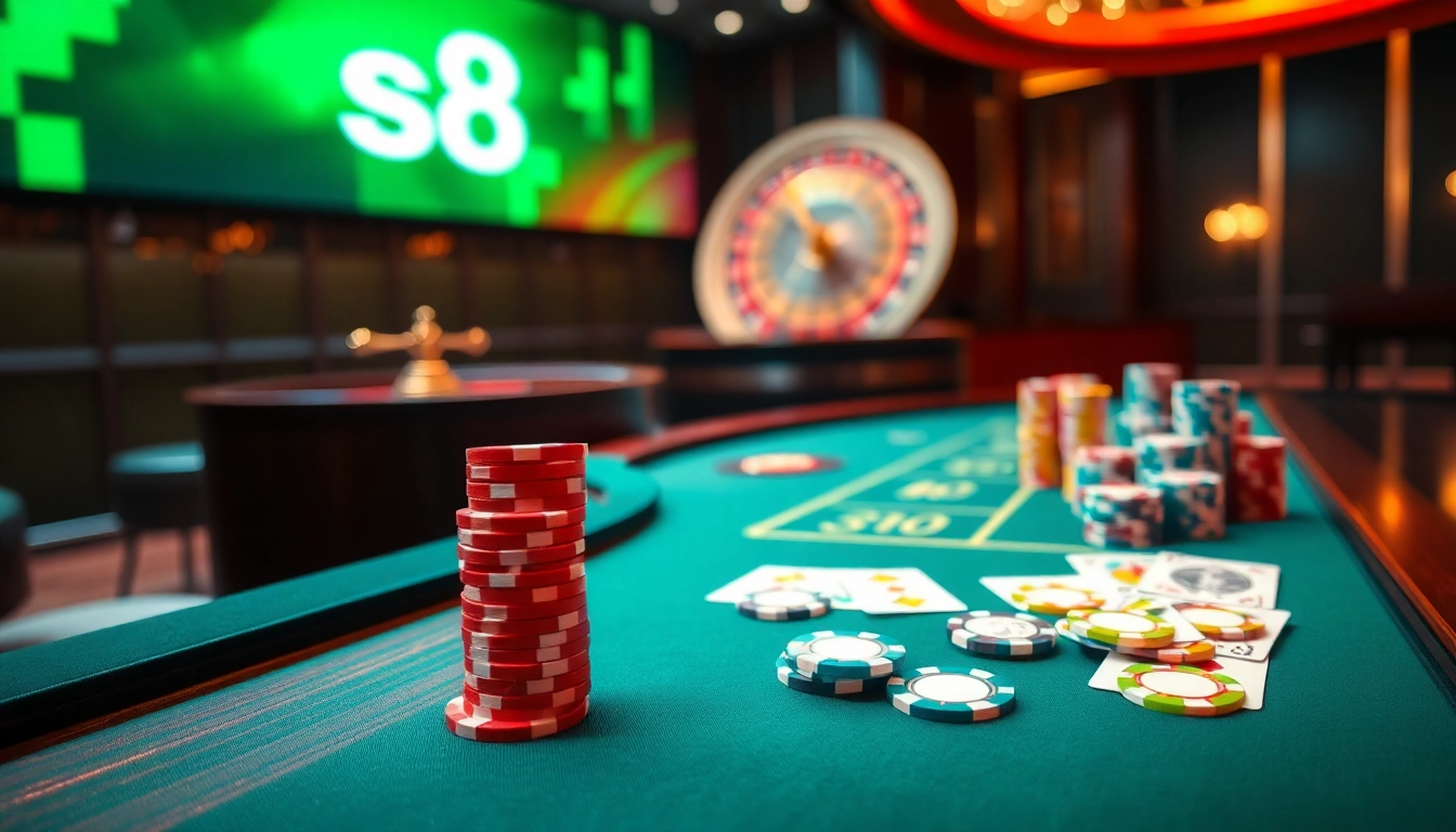 S8 casino gaming table with poker chips and cards, enhancing thrilling gambling experience.