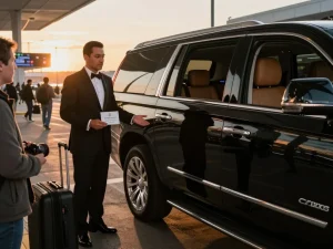 Airport transfer service with chauffeur welcoming passenger at O'Hare Airport near a luxurious Cadillac Escalade.