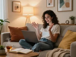 Engaging in a free AI sex chat from the comfort of home, showcasing a cozy setting with modern decor.