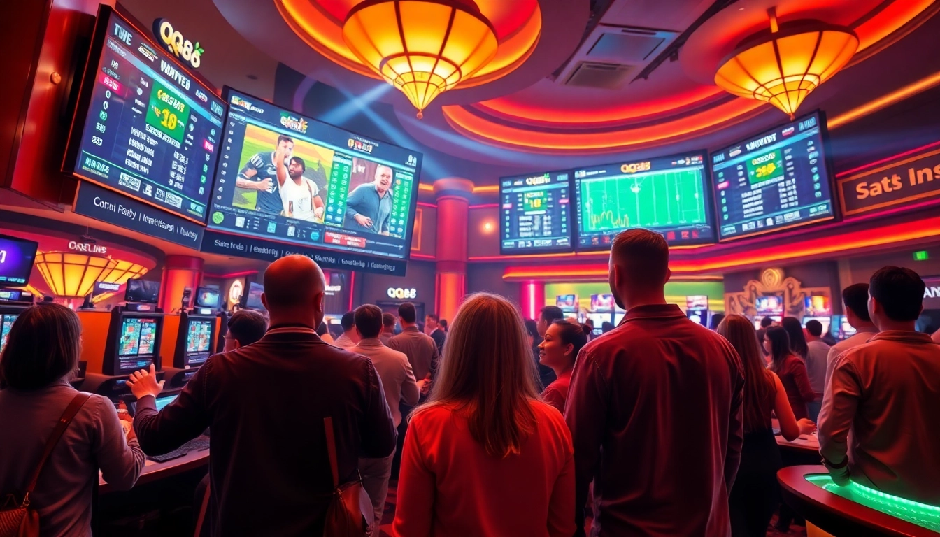 QQ88 sports betting environment with dynamic lighting and enthusiastic bettors.