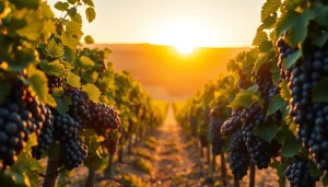 Harvesting Tempranillo grapes in a sunlit vineyard with rustic barrels.