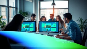 Collaboration at an NYC web design company with diverse designers creating interactive website mockups.