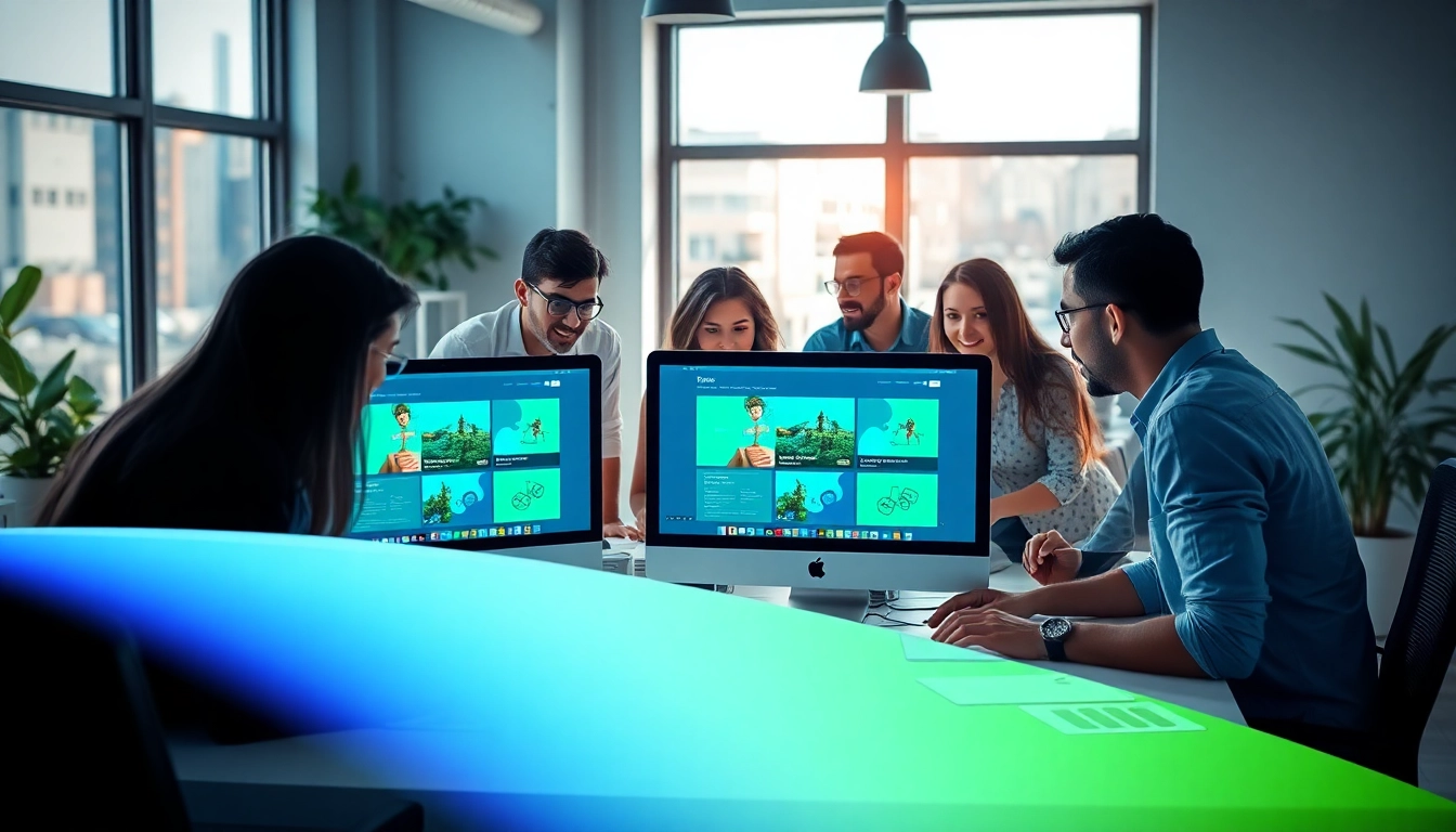 Collaboration at an NYC web design company with diverse designers creating interactive website mockups.