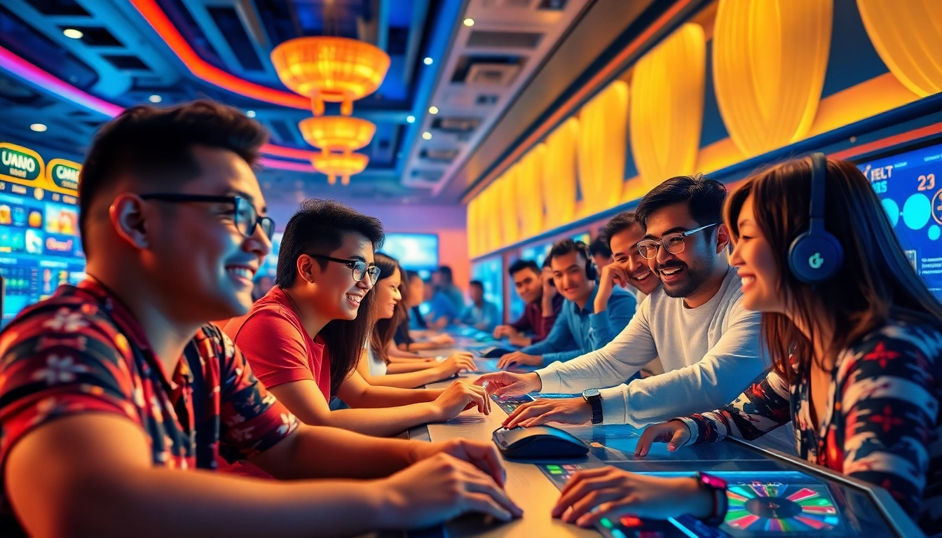 Engaging gamers enjoying the thrilling experiences at GO88 online gaming platform with vibrant colors and digital trophies.