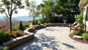 Paver patio installation Bay Area showcased in a vibrant backyard garden.