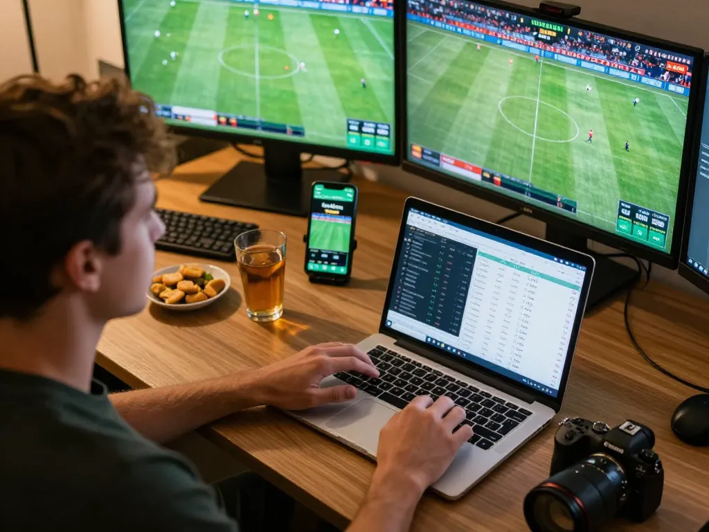 Engaged sports betting scene with Tỷ Lệ Bóng Đá displayed on devices and enthusiastic player focused.