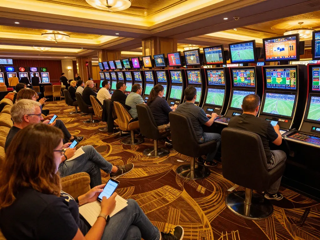 Patrons placing bets at the hit club sports betting area, showcasing excitement and engagement.