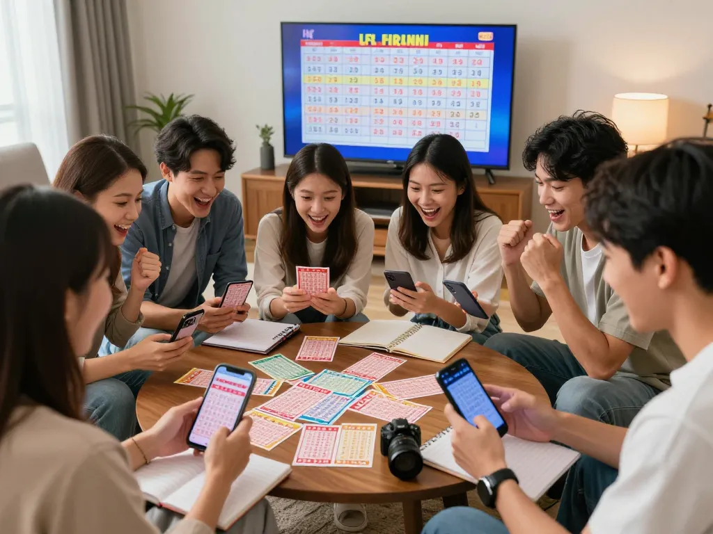 Teman-teman yang bersemangat merayakan hasil undian HK Hari Ini sambil menganalisis angka bersama.