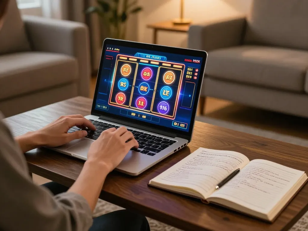 Engaging in online gaming at home, exploring ee88go's vibrant slots on a laptop.