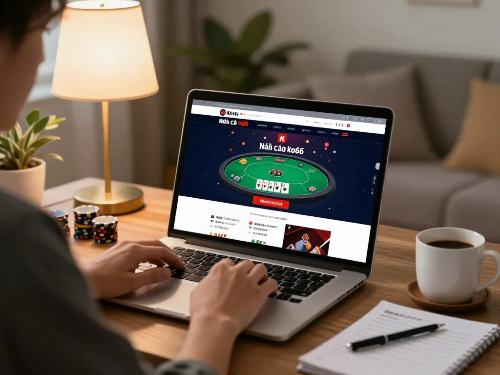 Engaged player exploring Nhà cái ko66 online poker options from a cozy home setting.