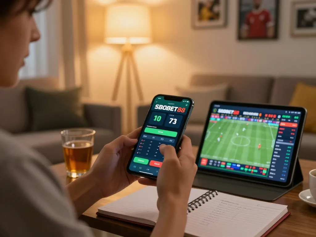 Pengguna SBOBET88 menganalisis peluang olahraga di smartphone dalam ruang tamu yang nyaman