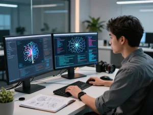 Data scientist developing mind control ai in a modern studio.