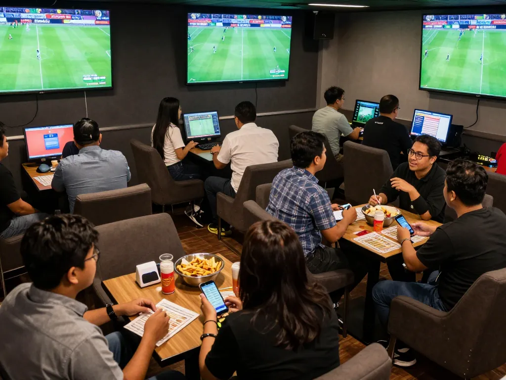 Suasana menarik para penjudi yang menikmati Judi Bola di lounge taruhan olahraga yang meriah dipenuhi dengan layar.