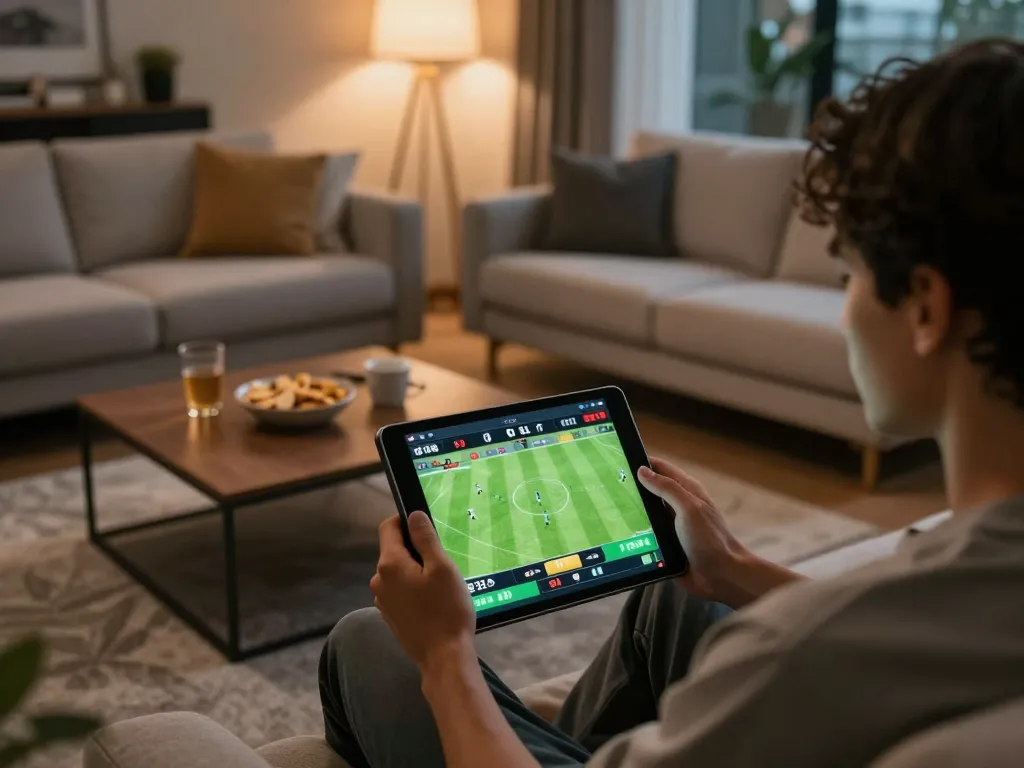 SOCOLIVE user engaged in live soccer betting on a tablet in a cozy home setting
