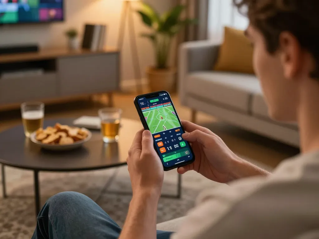 Player engaging with the xo88 mobile betting app in a cozy living room, depicting online sports betting excitement.