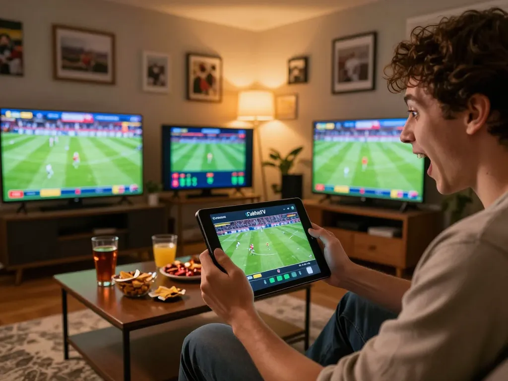 CakhiaTV user placing live bets on a tablet in a cozy home sports betting setup, enjoying the game excitement.