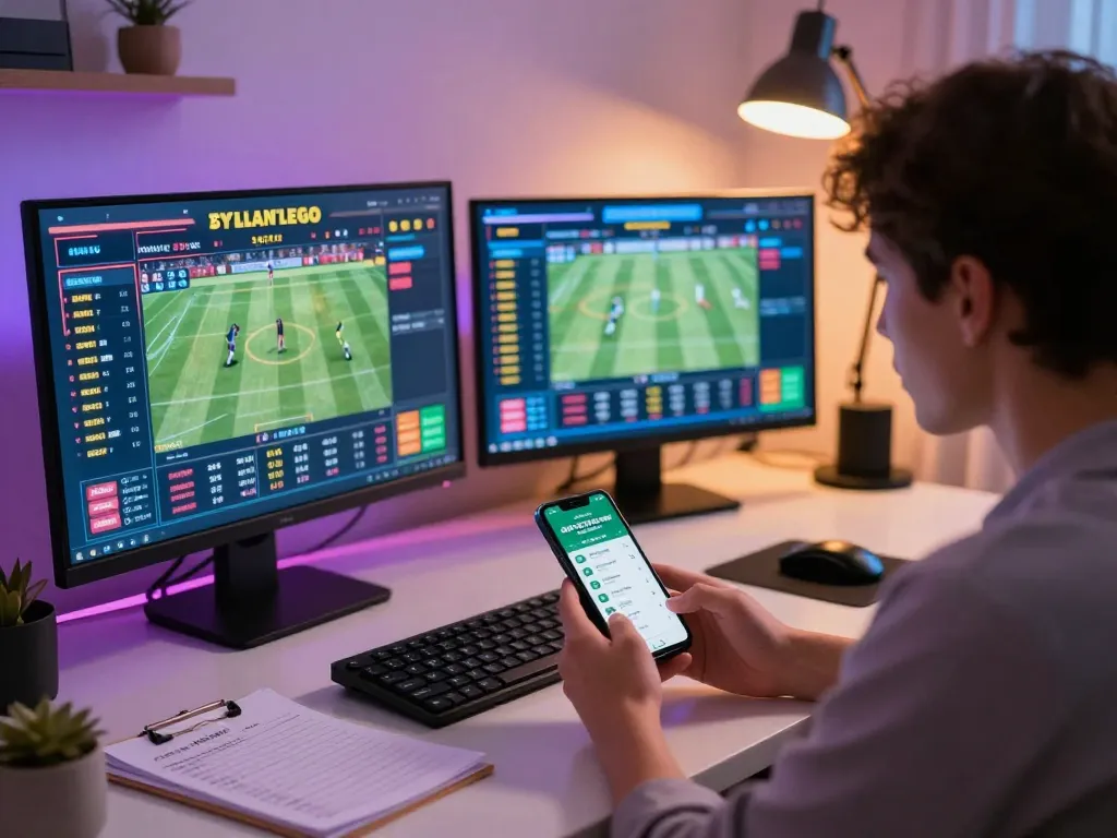 Engaging in tỷ lệ nhà cái sports betting at home with multiple screens and smartphone