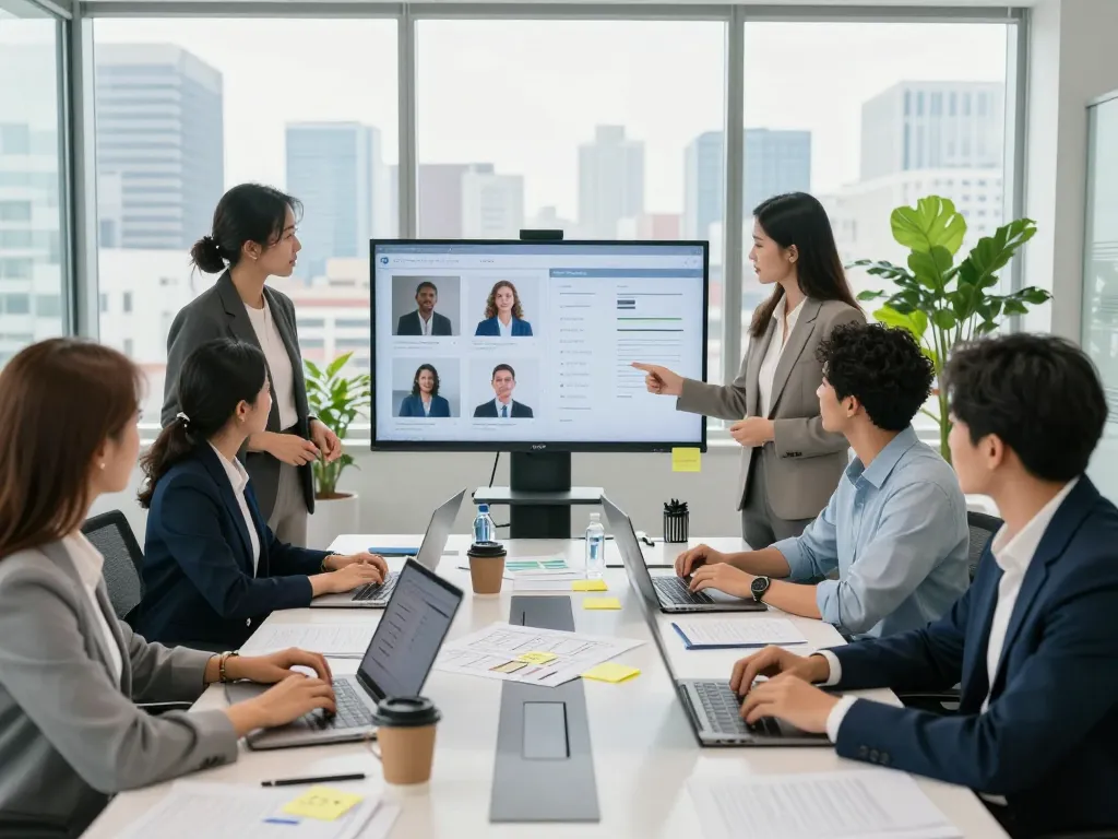 Dynamic team collaborating in staffing agencies meeting, showcasing modern recruitment strategies.