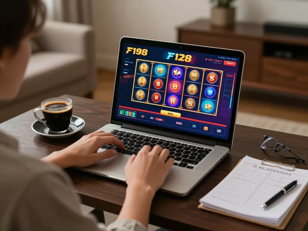 Player engages with F168 slots and tables on laptop, creating a cozy gaming atmosphere.