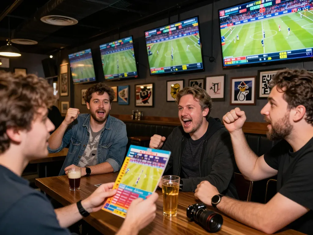 Tỷ lệ kèo nhà cái 5 captured as sports fans cheer in a modern bar while analyzing odds and betting strategies.