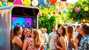 Engaging photo booth rental scene at an event with guests enjoying and smiling.