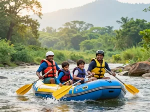 Dandeli family river rafting adventure surrounded by lush greenery.