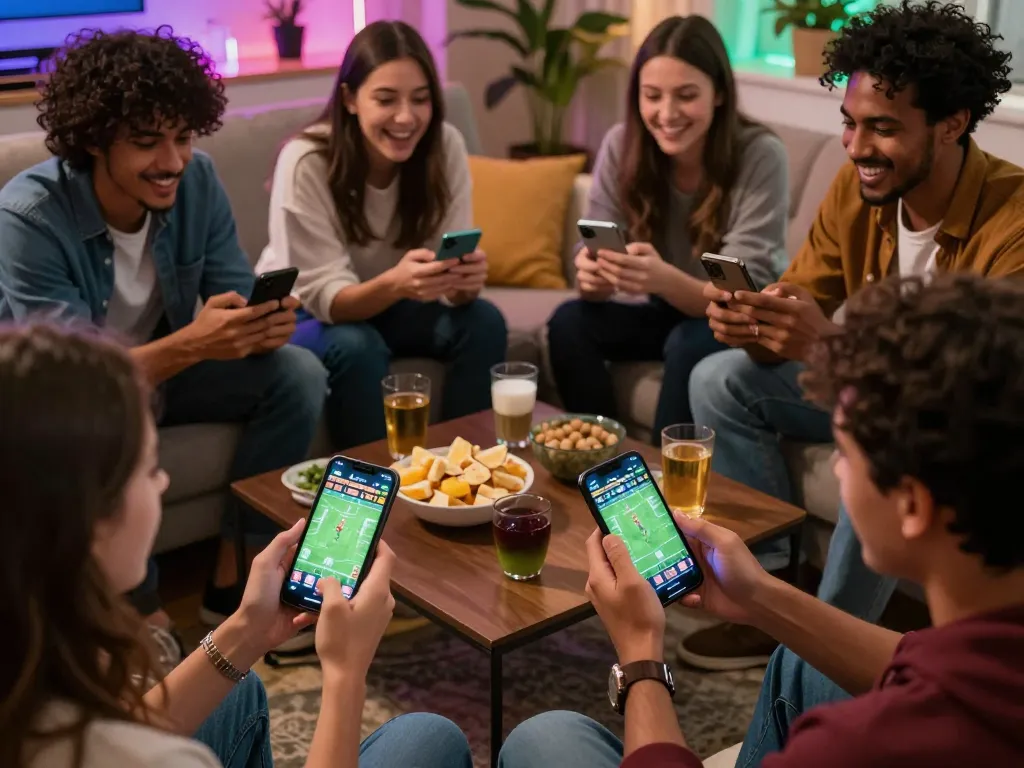 Engaging friends analyzing kèo nhà cái on smartphones while enjoying a sports betting night