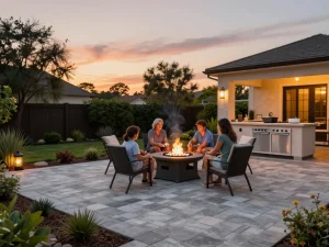 Paver companies near me transforming outdoor spaces with inviting patios and family gatherings around fire pits.