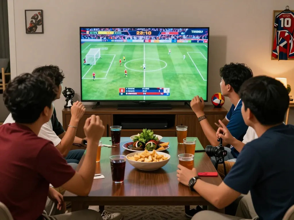 Excited friends engaging in judi bola activities during a live football match, showcasing camaraderie and thrill.