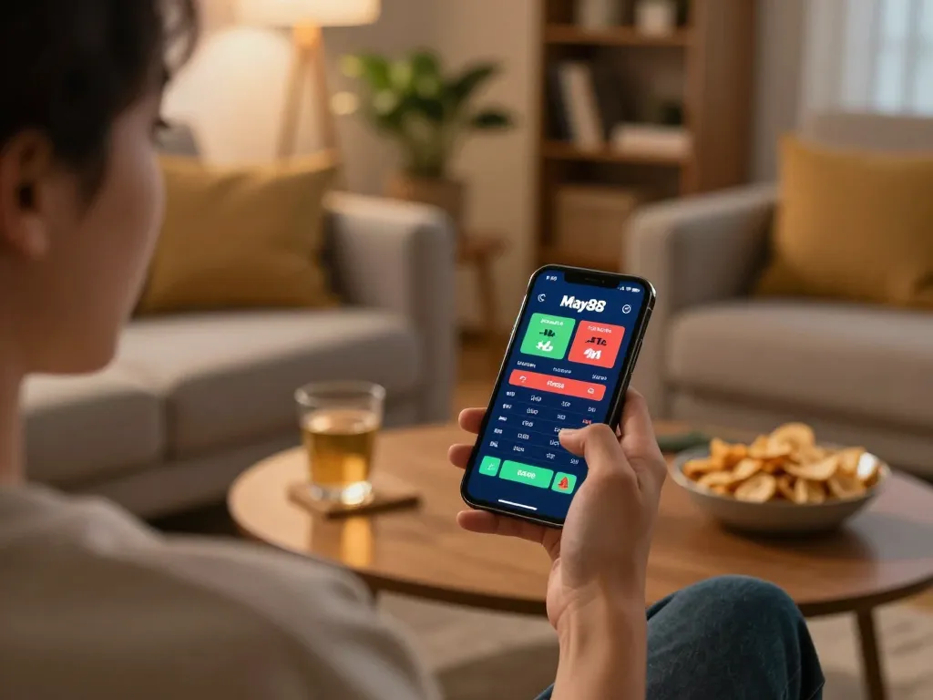Engaging in online betting with the May88 app on a smartphone for a thrilling gaming experience.