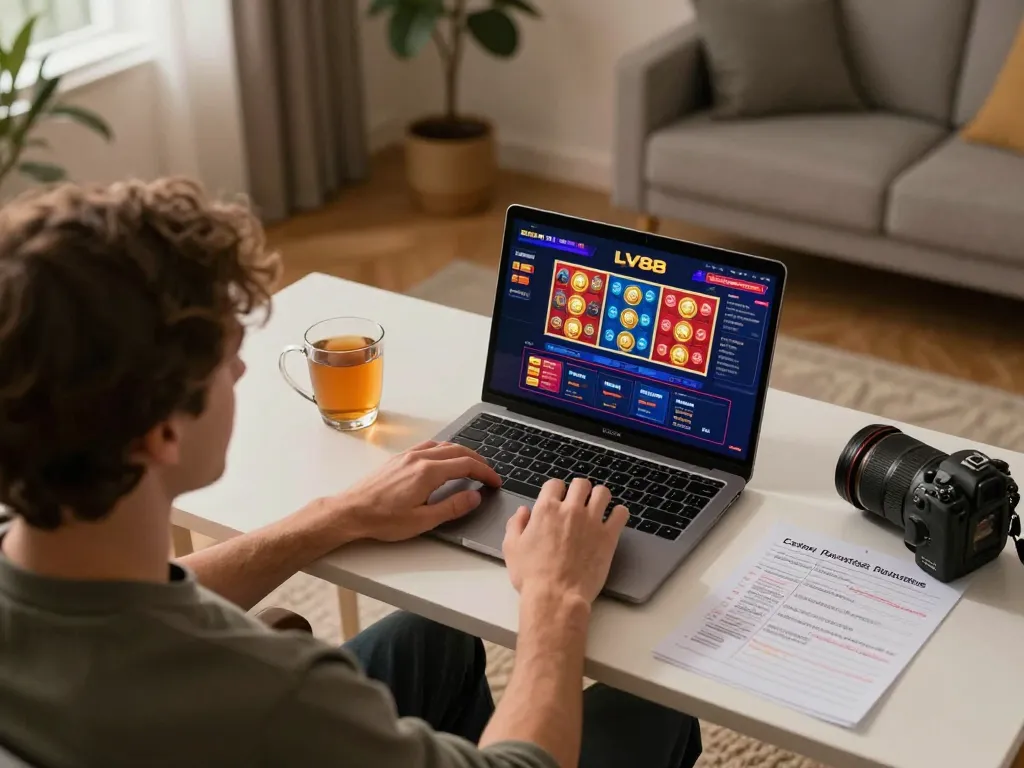 Player engaging with LV88 online casino, showcasing the vibrant gaming interface and strategic notes on the table