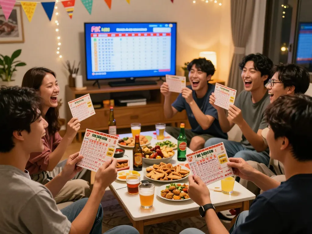 Sahabat ceria merayakan kemenangan lotere mereka sambil memeriksa tiket HK Hari Ini di rumah.