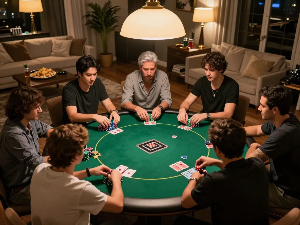 Những người bạn tận hưởng một đêm chơi poker tại nhà cạnh tranh với các chip theo chủ đề 12bet, chia sẻ chiến lược và đồ uống.