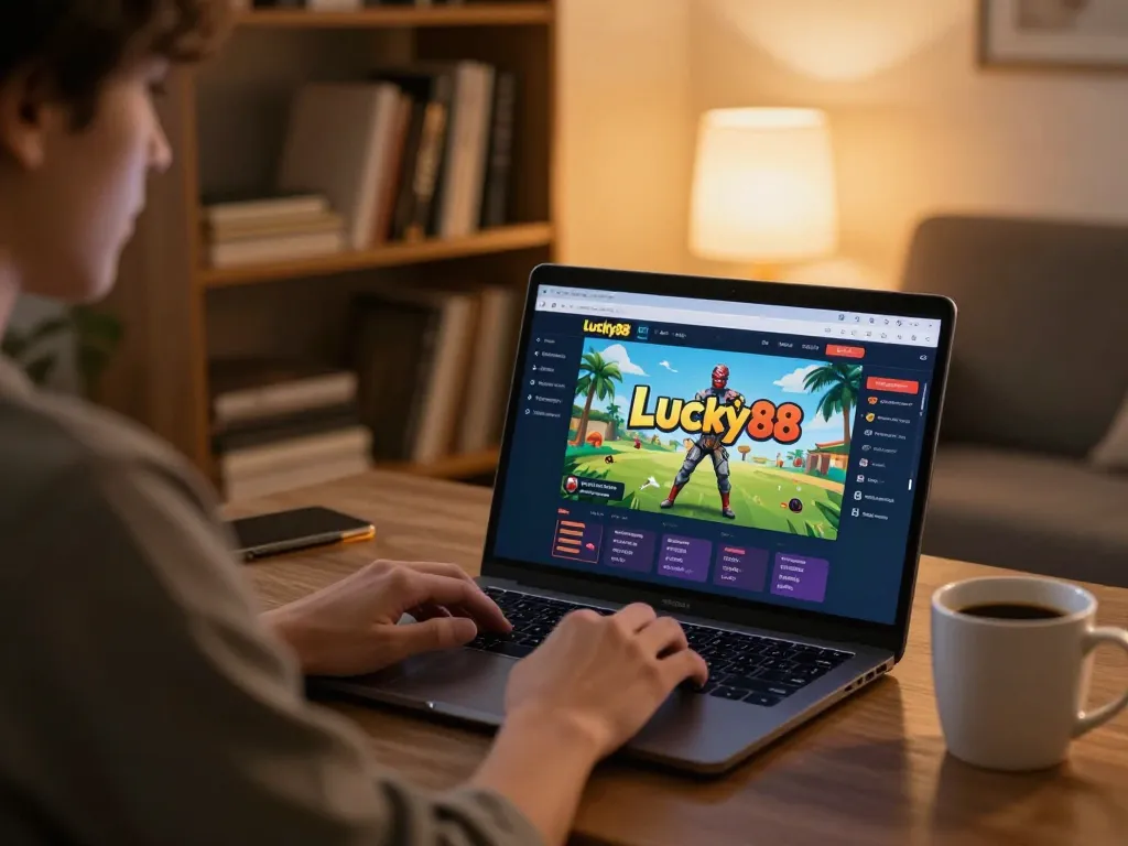 Engaging with lucky88 online gaming on a cozy laptop setup, highlighting responsible gambling practices.