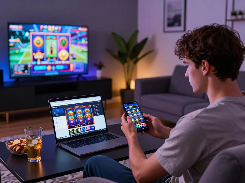 Player enjoying dk7 slot games on mobile in a stylish modern living room.