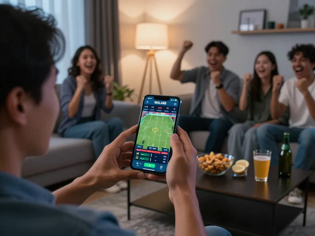 WALA88 app showcases live betting action during a home sports viewing, enhancing user engagement.